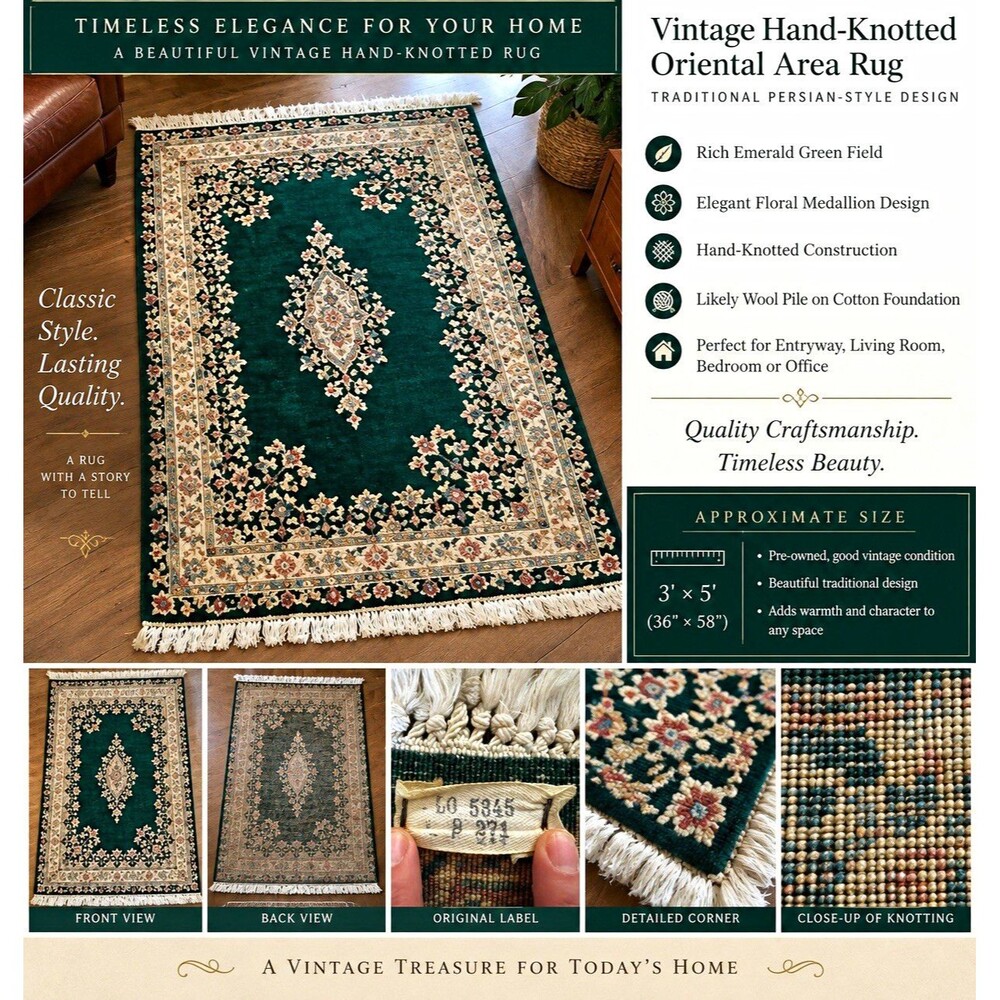 Vintage Mid-Century Hand-Knotted Wool/Cotton Area Rug 3x5 Green Beige Floral